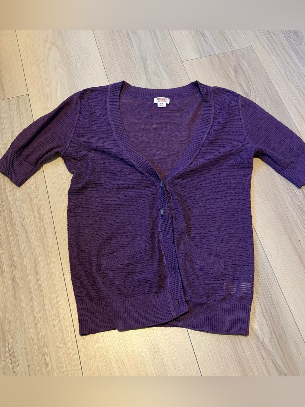 purple short-sleeve button-front cardigan
